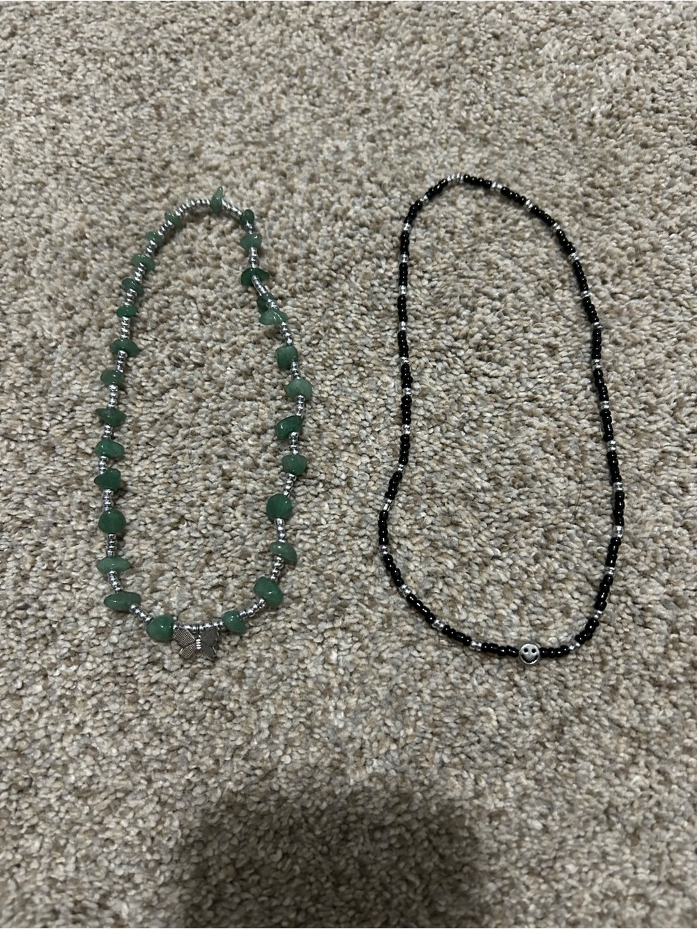 Handmade Green Bead Necklace w Butterfly + Black Bead Smiley